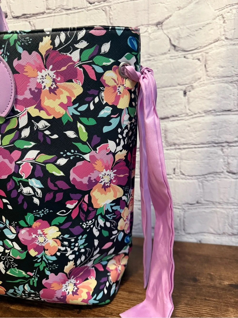 Floral Tote with Pink Handles